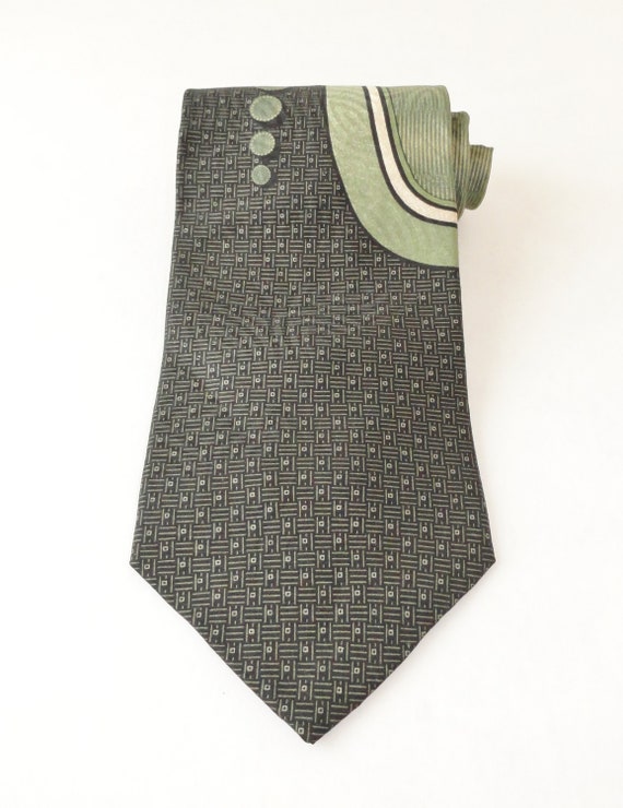 Vintage Silk Necktie, Green Black and Tan, Abstrac