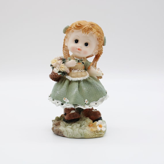 Vintage Flower Girl Figurine: Sage Green Dress, White Daisies