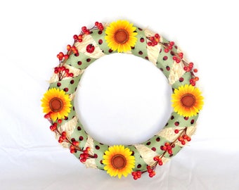 Handmade Sunflower Wreath: Ladybug Ribbon, Red Berries, Farmhouse Decor