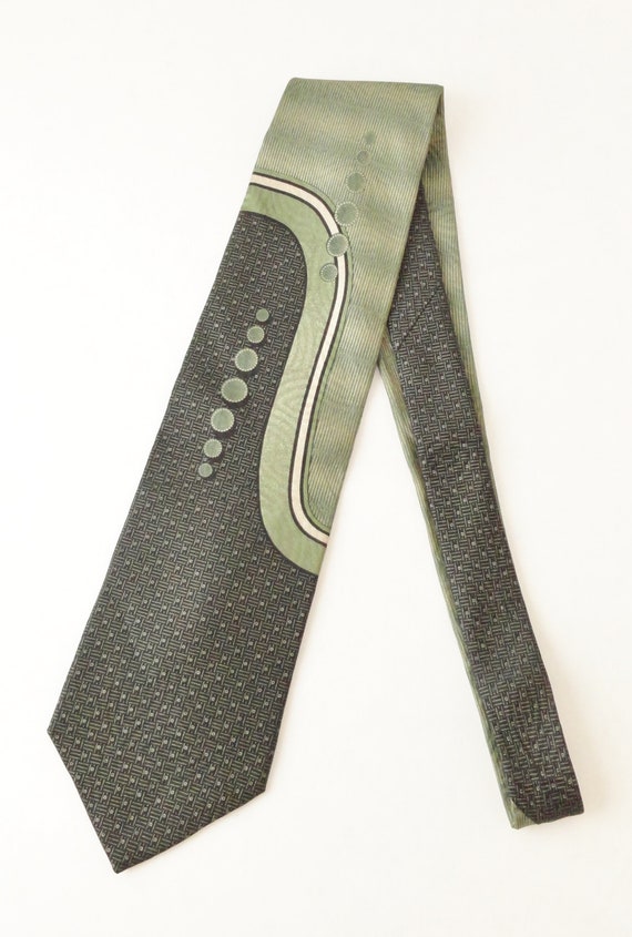 Vintage Silk Necktie, Green Black and Tan, Abstra… - image 3