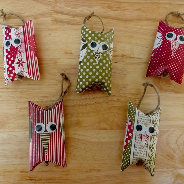 Handmade Owl Christmas Tree Ornaments Vintage Style Red and Green Holiday Paper Decorations Unique Gifts Rustic Shabby Country Farmhouse #7