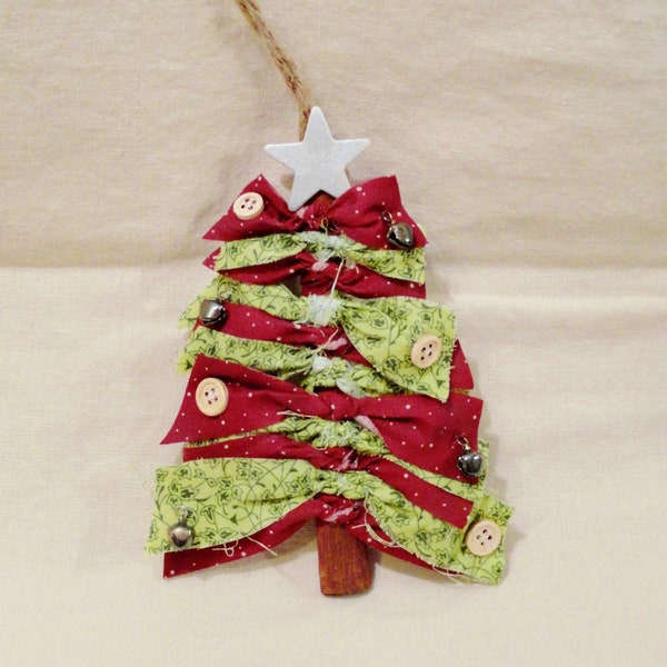 Handmade, Rustic, Cinnamon Stick and Fabric, Christmas Tree Ornament, Green, Red, Silver Star, Farmhouse, Buttons, Bells, Primitve, Country