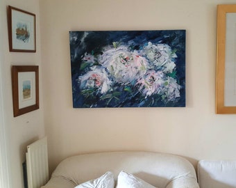 Peonies In The Blue, large, canvas, art, floral, painting, idea, unique, gift,  peonies, Blue, Lynn, Original, decor, flowers, gift, home,