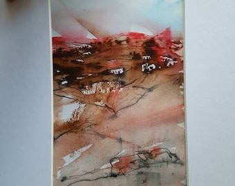 Terracotta painting, original gift by Lynn Ede. Red hot hills, landscape, white cottages in watercolour and ink. Unique arty presents.