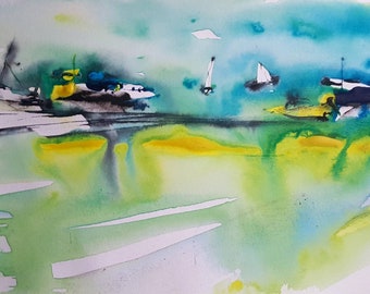 Watercolour painting, original, of boat, watercolor of sea, lake, water, ships in painting, unframed, art for unique gifts, pictures