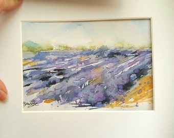 Watercolour original painting, small floral art, Lavender fields on paper by British artist Lynn Ede Black Friday art - look around my shop!