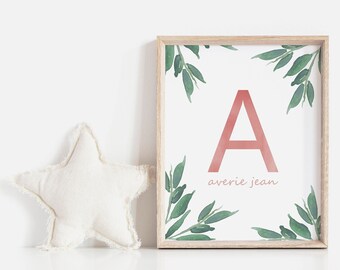 Initial Sign Nursery | Personalized Print | Baby | Gift | Name Sign | Watercolor | Greenery