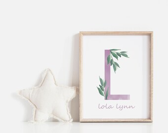 Initial Sign Nursery | Personalized Print | Baby | Gift | Name Sign | Watercolor | Greenery