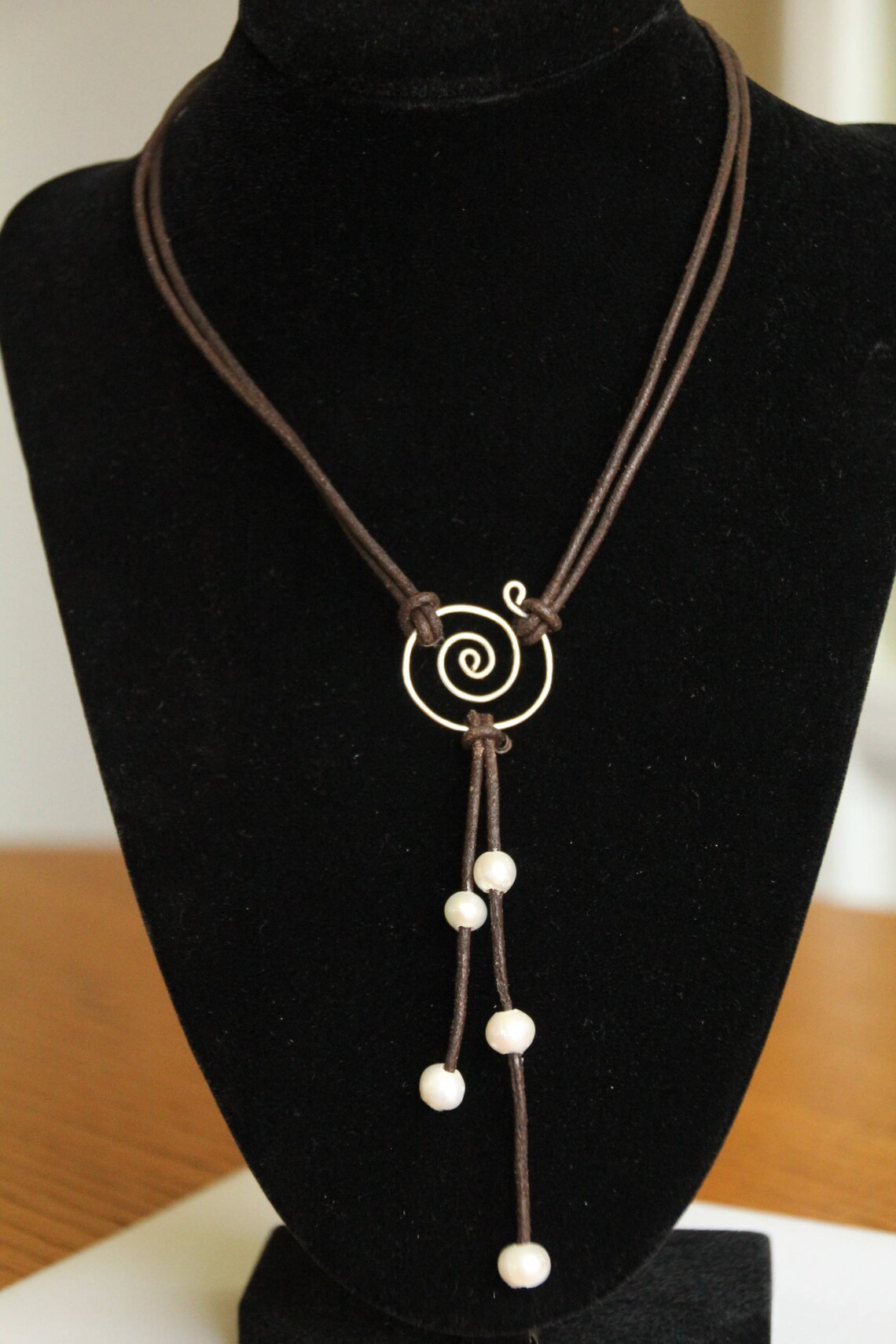 Leather N Pearls Necklace Brown Leather Necklace Leather Etsy