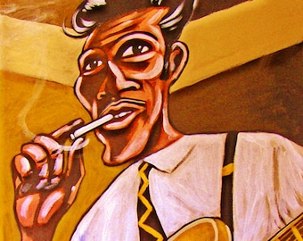May include: A painting of a man with slicked back hair, wearing a white shirt and a tie, holding a guitar and smoking a cigarette.