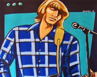 May include: A painting of a person playing a black electric guitar with a blue and white checked shirt, blue jeans, and a microphone on a stand. The background is turquoise blue.