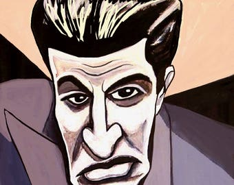 Puede incluir: Una ilustración en blanco y negro de un hombre con traje, corbata oscura y un cigarrillo en la mano. El hombre tiene una expresión seria en su rostro.