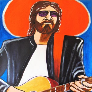 Puede incluir: Pintura de un hombre con gafas de sol, barba y pelo largo castaño, tocando una guitarra acústica. Viste una chaqueta negra sobre una camisa blanca, sobre un fondo azul y naranja. La obra está firmada.