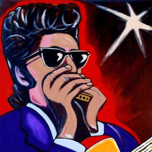 May include: A painting of a man playing a guitar and harmonica. He is wearing sunglasses and a blue suit. The background is red with a white star.