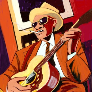 May include: A man wearing a brown suit, a straw hat, and sunglasses plays a brown acoustic guitar. He is holding a cigarette in his mouth.