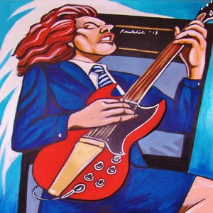 May include: A painting of a person playing a red electric guitar with a gold pickguard. The person is wearing a blue suit jacket, a blue and white striped tie, and blue shorts. The background is blue and gray.