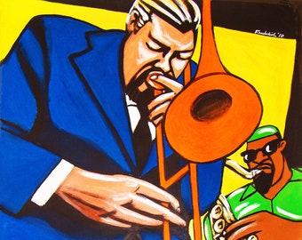 May include: A painting of two musicians playing instruments. The musician on the left is wearing a blue suit and playing a trombone. The musician on the right is wearing a green shirt and playing a saxophone. The painting is done in a stylized, cartoonish style.