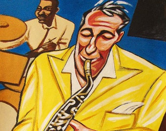 May include: A man in a yellow jacket plays a saxophone. He is surrounded by other musicians, including a drummer in the background. The saxophone is gold and black with a silver mouthpiece. The man's face is focused and determined as he plays.