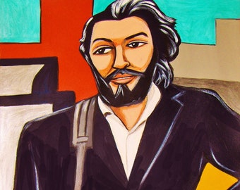 May include: A man with a beard and black hair is playing a brown and gold guitar with a black strap. He is wearing a black suit jacket and a white shirt. The background is a colourful abstract design.
