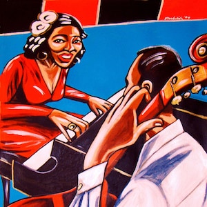 May include: A woman in a red dress plays the piano while a man plays a double bass. The woman has a white headband and the man is wearing a white shirt. The background is a blue wall with a red and black geometric pattern.