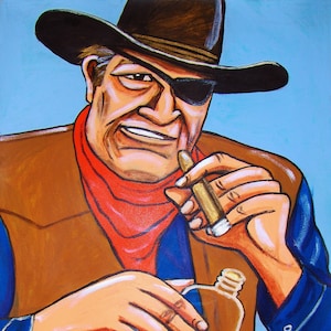 May include: A cartoon illustration of a cowboy wearing a brown hat, a red bandana, and a blue shirt. He is holding a cigar in his right hand and a brown bottle in his left hand. The background is a light blue.