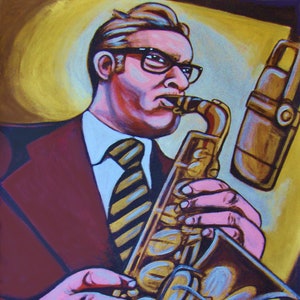 May include: An acrylic painting of a man playing a saxophone. The man wears glasses, a suit, and a striped tie. The saxophone is gold-colored, and a microphone is visible in the background. The painting has a vintage, jazz-inspired theme.