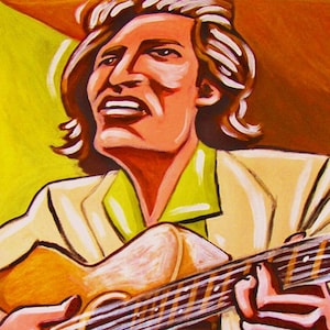 May include: A painting of a person playing a brown acoustic guitar. The person has long brown hair and is wearing a white jacket with a green shirt underneath. The background is a yellow and orange gradient.