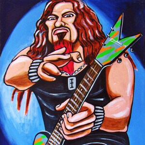 Puede incluir: Una pintura de un músico con el pelo largo y castaño tocando una guitarra eléctrica verde, naranja y gris con una camisa a rayas blancas y negras y pantalones verdes.