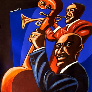 Könnte beinhalten: Ein Gemälde, das zwei Männer zeigt, die Jazzmusik spielen. Ein Mann spielt Trompete, während der andere Kontrabass spielt. Das Gemälde ist in einem stilisierten, fast cartoonartigen Stil gehalten, mit kräftigen Farben und dicken Linien. Der Hintergrund ist tiefblau.