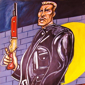 May include: A painting of a man in a black leather jacket holding a rifle. He has a serious expression on his face and is standing in front of a brick wall. The background is a dark blue and yellow.