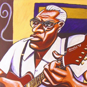 Può includere: Un dipinto di un uomo che suona una chitarra elettrica rossa. Indossa una camicia bianca, bretelle e occhiali. Lo sfondo è giallo, viola e marrone.