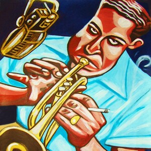May include: A painting of a person playing a gold trumpet with a microphone in the background. The person is wearing a light blue shirt and has a cigarette in their hand.