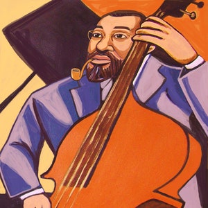 May include: Illustration of a man playing a double bass. The man is wearing a blue suit, glasses, and smoking a pipe. The double bass is orange with brown strings, set against a yellow and orange background.