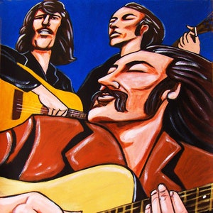 May include: A painting of three musicians playing acoustic guitars. The musicians are depicted in a cartoon style with exaggerated features. The painting is done in a bright, colourful style with a blue background.