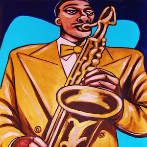 May include: A painting of a person playing a gold saxophone. The person is wearing a gold suit and a bow tie. The background is blue and turquoise.