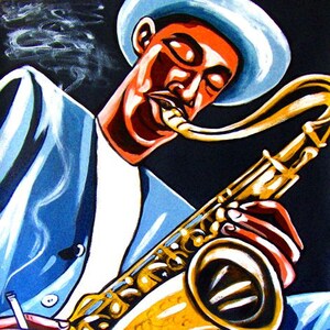 May include: A painting of a man in a blue suit and white hat playing a gold saxophone. He is holding a cigarette in his left hand.