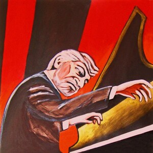 Könnte beinhalten: Ein Gemälde einer Person, die Klavier spielt. Die Person trägt einen braunen Anzug und hat weißes Haar. Das Klavier ist schwarz und gold und hat einen roten Hintergrund.