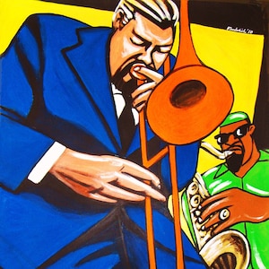 Könnte beinhalten: Ein Gemälde von zwei Musikern, die Instrumente spielen. Der Musiker links trägt einen blauen Anzug und spielt Trompete. Der Musiker rechts trägt ein grünes Hemd und spielt Saxophon. Das Gemälde ist in einem stilisierten, cartoonartigen Stil gehalten.