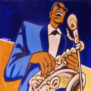 May include: A painting of a man in a blue suit playing a gold saxophone. He is wearing sunglasses and has his mouth open as if he is singing. The background is a dark blue and orange.