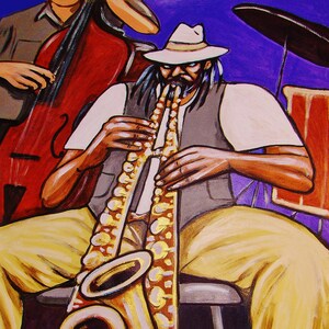 May include: A man in a white hat and a vest plays a gold saxophone while sitting on a stool. He has a long beard and is wearing yellow pants. The saxophone is held in his left hand and he is using his right hand to play the instrument. The background is a purple and blue color.