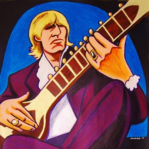 May include: A painting of a person playing a sitar. The person is wearing a purple suit and a white shirt. The sitar is brown with gold accents. The background is blue and black.