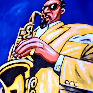 May include: A painting of a person playing a gold saxophone. The person is wearing a yellow suit and sunglasses. The background is blue.