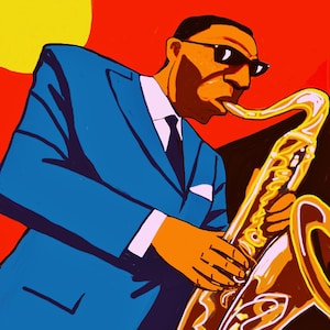 May include: A man in a blue suit and tie plays a gold saxophone. The background is a red and yellow gradient.
