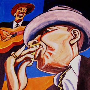 Può includere: Un dipinto di due uomini, uno suona la chitarra e l'altro tiene un'armonica alla bocca. L'uomo che suona la chitarra indossa un cappello marrone e una camicia bianca con una cravatta nera. L'uomo che suona l'armonica indossa un cappello grigio e un abito nero con una camicia bianca. Lo sfondo è un gradiente blu e arancione.