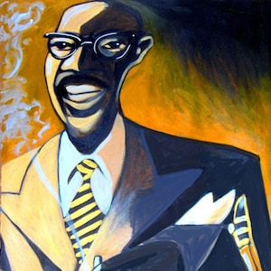 May include: A painting of a man in a suit and tie, holding a cigarette and a saxophone. He is wearing glasses and has a mustache. The background is a yellow and orange color.