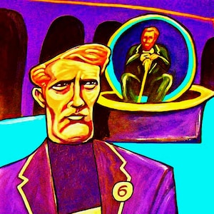 May include: A man in a purple suit with a yellow lapel and a number 6 badge. He has a serious expression on his face. The background is a bright blue and purple.