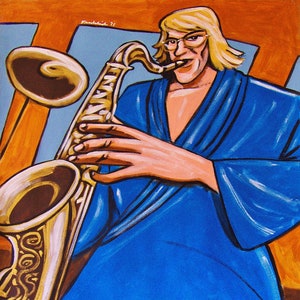 May include: A man in a blue robe plays a gold saxophone. He is wearing glasses and has blonde hair. The background is orange and blue.