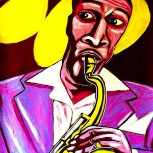 May include: A painting of a man playing a saxophone. He is wearing a purple suit and a yellow hat. The saxophone is gold and has a black mouthpiece. The background is dark red.