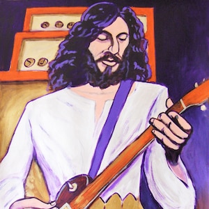 May include: A painting of a musician playing a red electric guitar with a purple strap. The musician has long dark hair and a beard. The background is a purple and orange color.