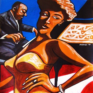 May include: A painting depicting a woman in a gold dress with a man in a suit in the background. The woman is wearing a ring on her finger and a bracelet on her wrist. The painting is executed in a bold, colourful style.